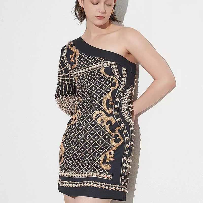 Women's Luxury Retro Bead Printing Blazer Dress Middle-Length One Shoulder A-Line Dress
