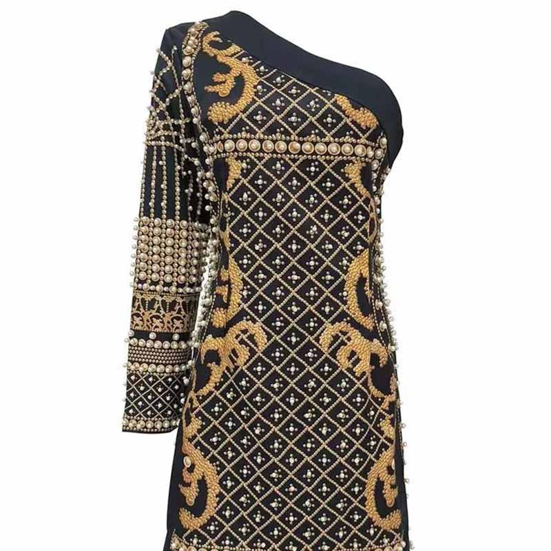 Women's Luxury Retro Bead Printing Blazer Dress Middle-Length One Shoulder A-Line Dress
