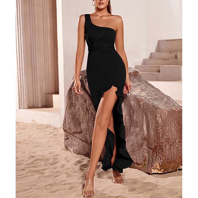 One Shoulder Black Bandage Dress High Split Cocktail Dress Girls Night Dress