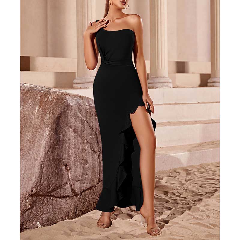 One Shoulder Black Bandage Dress High Split Cocktail Dress Girls Night Dress
