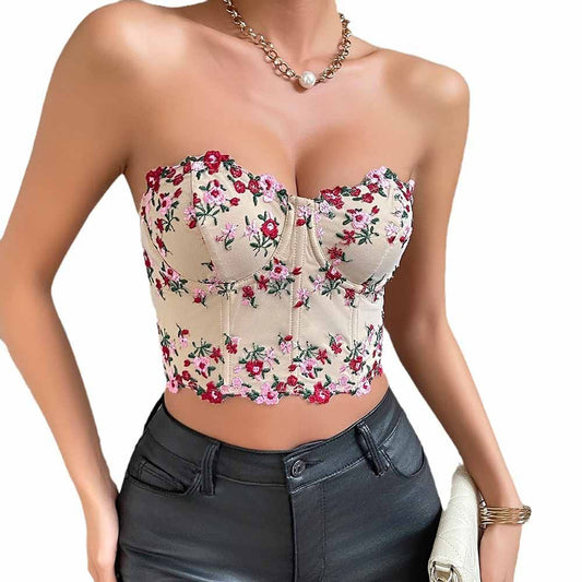 Lace Floral Embroidery Crop Top Trendy Busted Bra Top