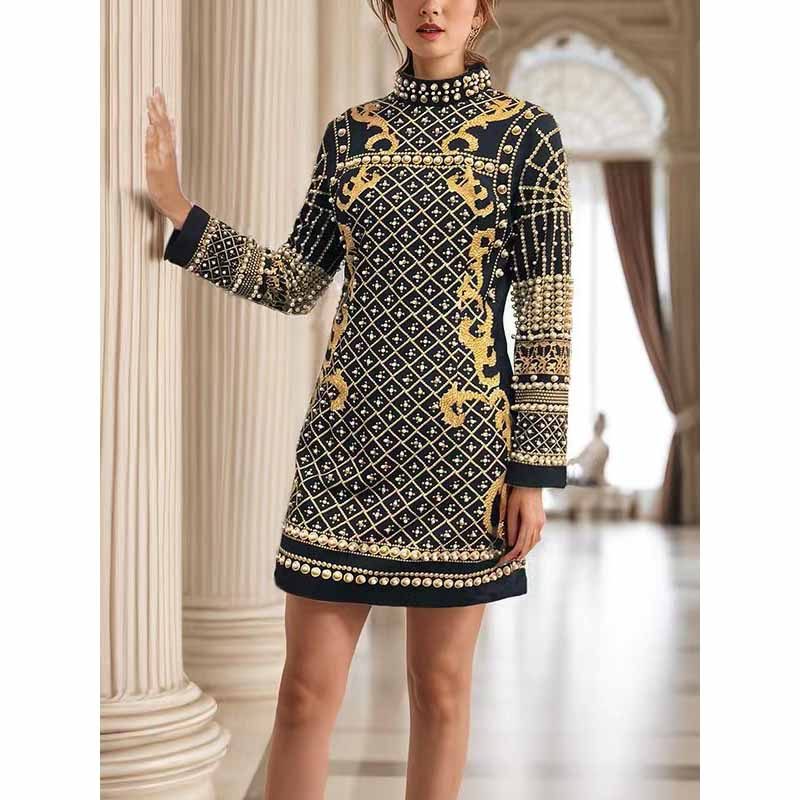 Women's Luxury Retro Bead Printing Dress Middle-Length Long Sleeve A-Line Dress