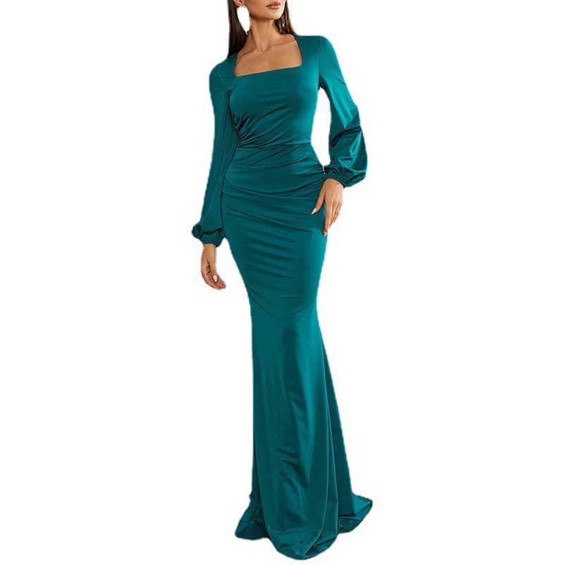 Mermaid Green Satin Prom Dress U Neck Long Sleeve Evening Dress Ball Gowns