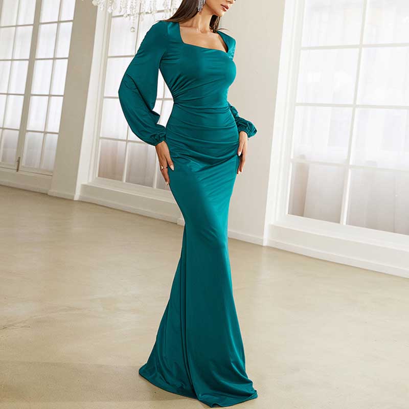 Mermaid Green Satin Prom Dress U Neck Long Sleeve Evening Dress Ball Gowns