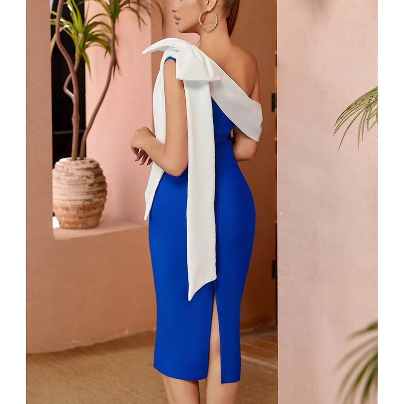 Off Shoulder Bandage Dress Body-con Event Dress Party Contrasting Bow Cocktail Dress