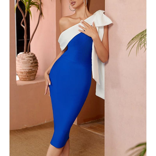 Off Shoulder Bandage Dress Body-con Event Dress Party Contrasting Bow Cocktail Dress