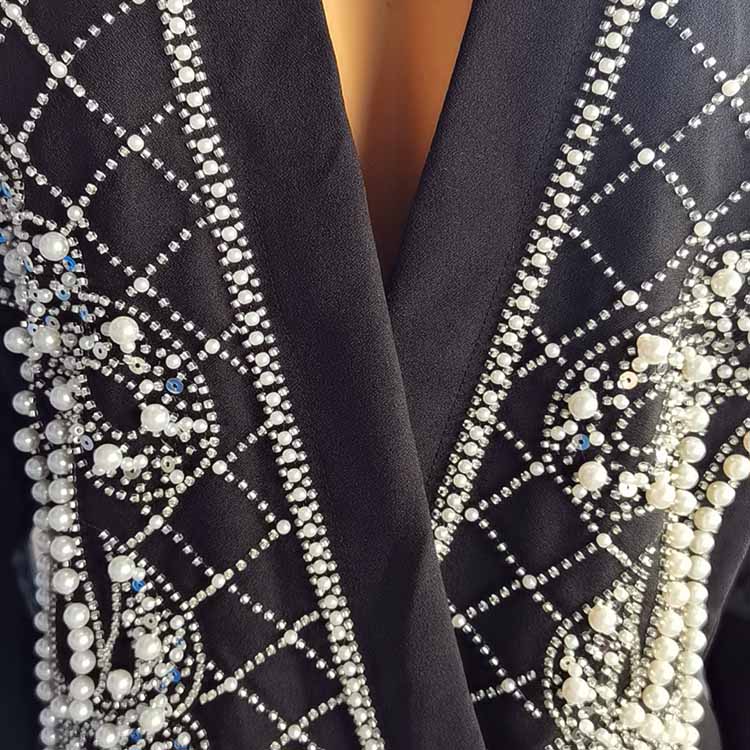 Luxury Retro Crystal and Pearl Blazer Dress Women's Mid-length Jacket