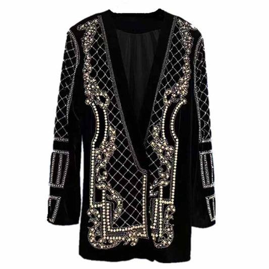 Luxury Retro Crystal and Pearl Blazer Dress Women's Mid-length Jacket