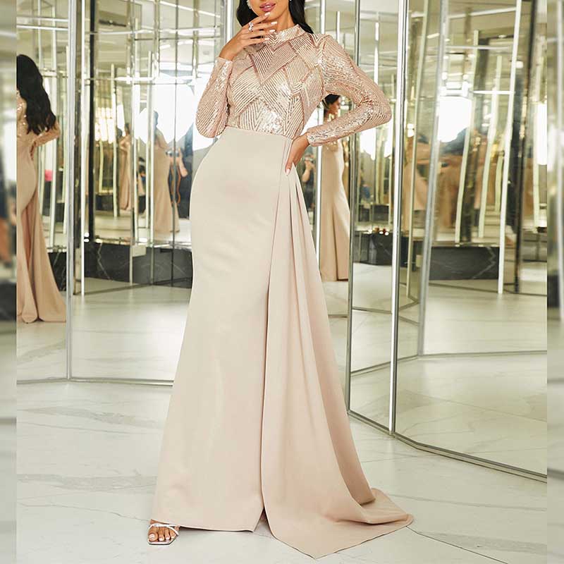 Women's Long Sleeve Prom Dress Round Neck Sequined Party Gowns