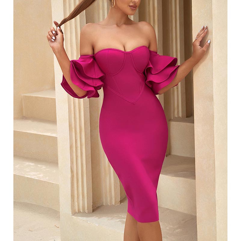 Off-The-Shoulder Bandage Dress Puff Sleeves Cocktail Dress Girls Night Party Dress
