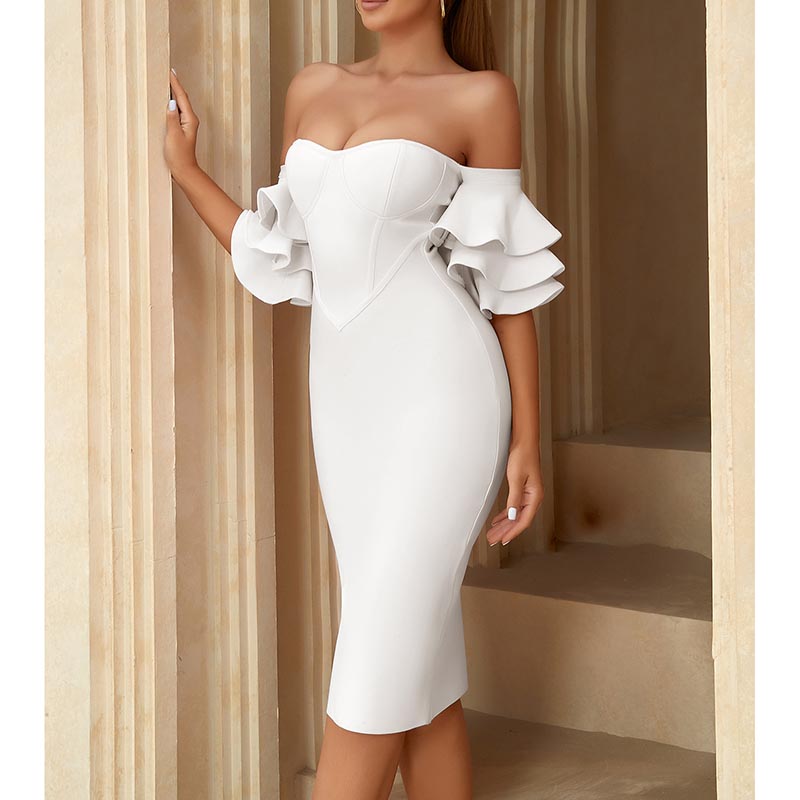 Off-The-Shoulder Bandage Dress Puff Sleeves Cocktail Dress Girls Night Party Dress