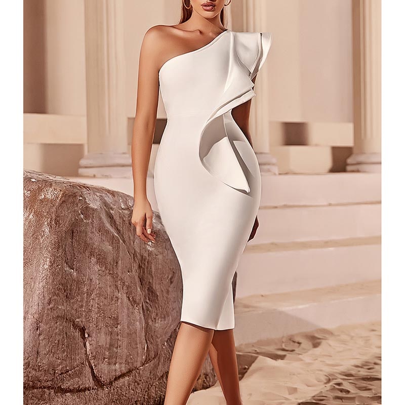 One Shoulder Bandage Dress Cocktail Dress Girls Night Party Dress With Flounces