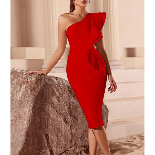 One Shoulder Bandage Dress Cocktail Dress Girls Night Party Dress With Flounces