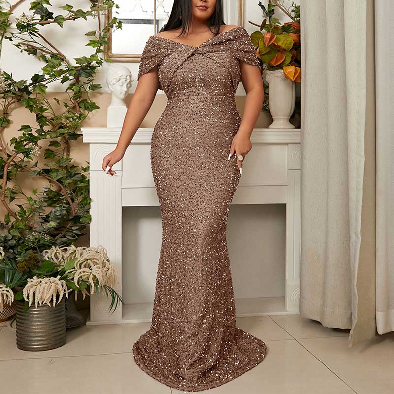 Plus Size Off-The-Shoulder Sequined Prom Dress Long Evening Dress