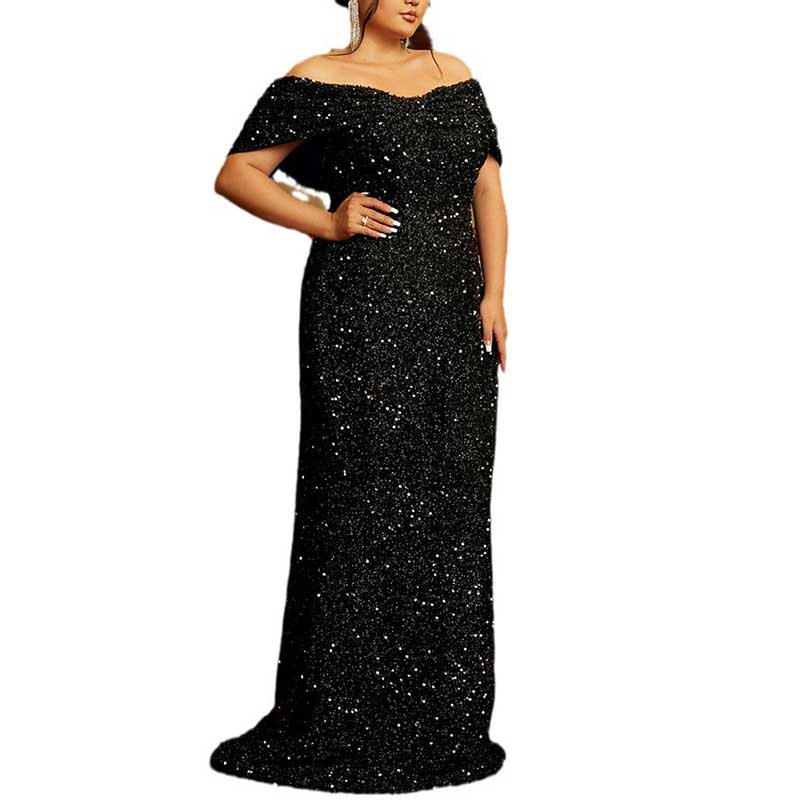 Plus Size Off-The-Shoulder Sequined Prom Dress Long Evening Dress