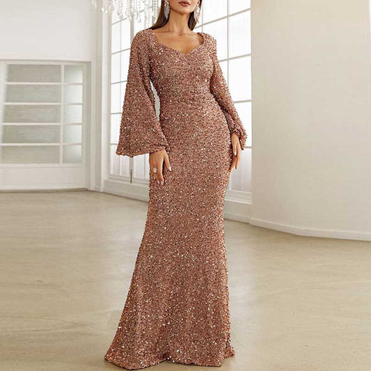 Women's Long Sequin Prom Dress Long Sleeve Party Gowns