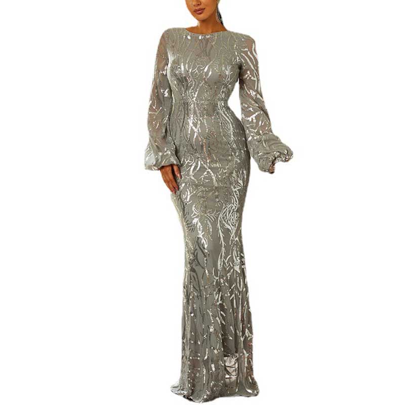Silver Long Sleeved Prom Dress Sequined Evening Long Dress Ball Gowns