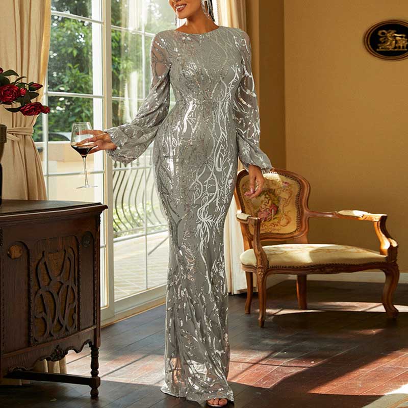 Silver Long Sleeved Prom Dress Sequined Evening Long Dress Ball Gowns