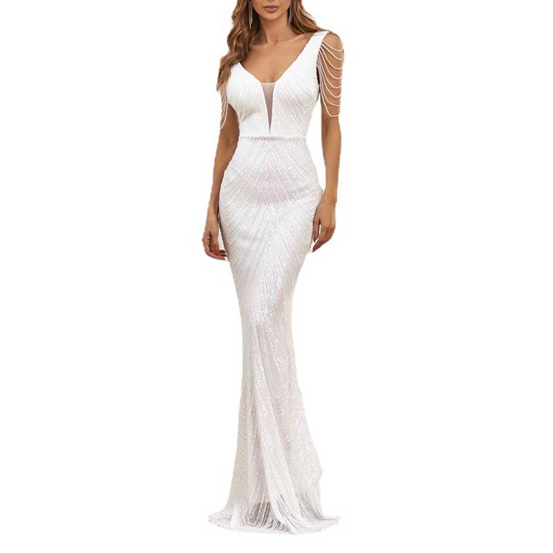 Women's Mermaid Sequin Dress Sleeveless Beaded Party Gowns Event Dress
