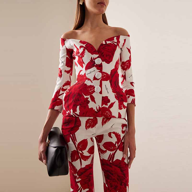 Women One Shoulder Cropped Printed Top and pants Set Red Printing Pantsuit