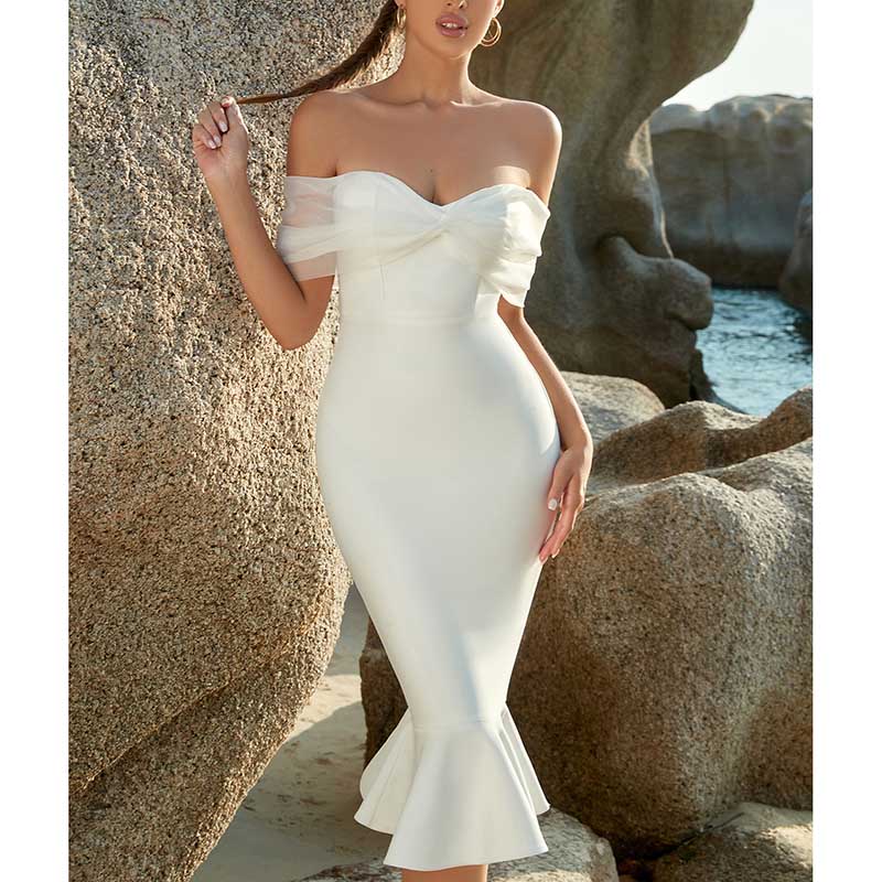 White Mermaid Off Shoulder Body-con Dress Cocktail Dress Girls Night Dress