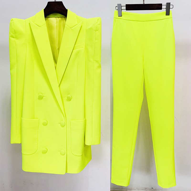 Fluorescent Yellow Pantsuit Two Piece Set Ladies Pants Suits Formal Suit