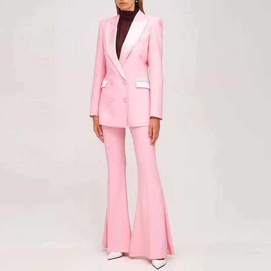 Pink Pantsuit V-Neck Blazer Pants Set Two Piece Pantsuit Flare Trousers Set