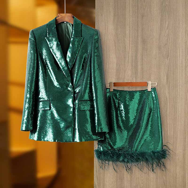 Long Sleeve Sequined Skirt Suit Sparkly Two Piece Suit With Feather