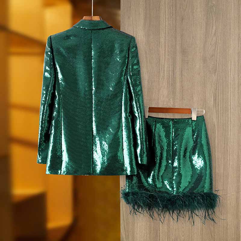 Long Sleeve Sequined Skirt Suit Sparkly Two Piece Suit With Feather