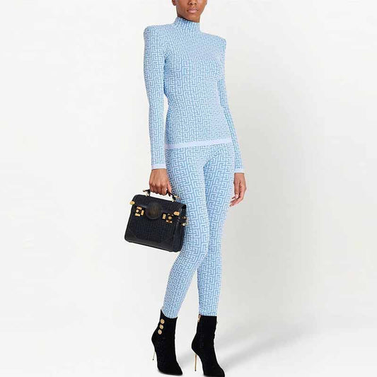 Long Sleeves Blue Ribbed Pantsuits Two Piece Sets