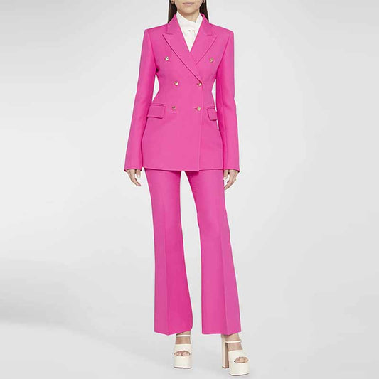 Pantsuit Hot Pink Double Breasts Blazer + Mid-High Rise Flare Trousers Suit Pantsuit Formal Suit