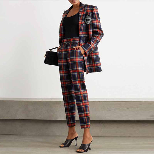 Red Plaid Pantsuit Double Breasted Fashion Suit Checked Ladies Pantsuits