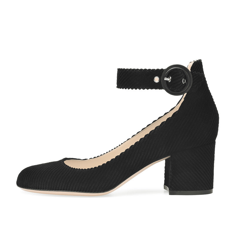 Women’s Black Corduroy Square Heel  Ankle Strap Shoes Medium Heel
