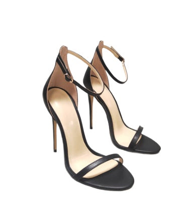 Women’s Gold & Black Stiletto Sandals – Peep-Toe Buckle Heels