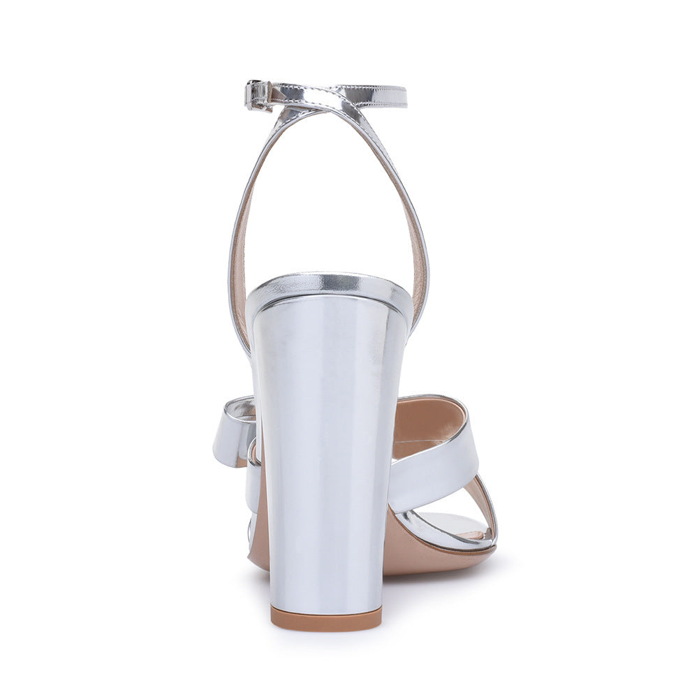 Metallic Chunky Heel Sandals with Bow – Women’s Silver Patent Leather Party Shoes