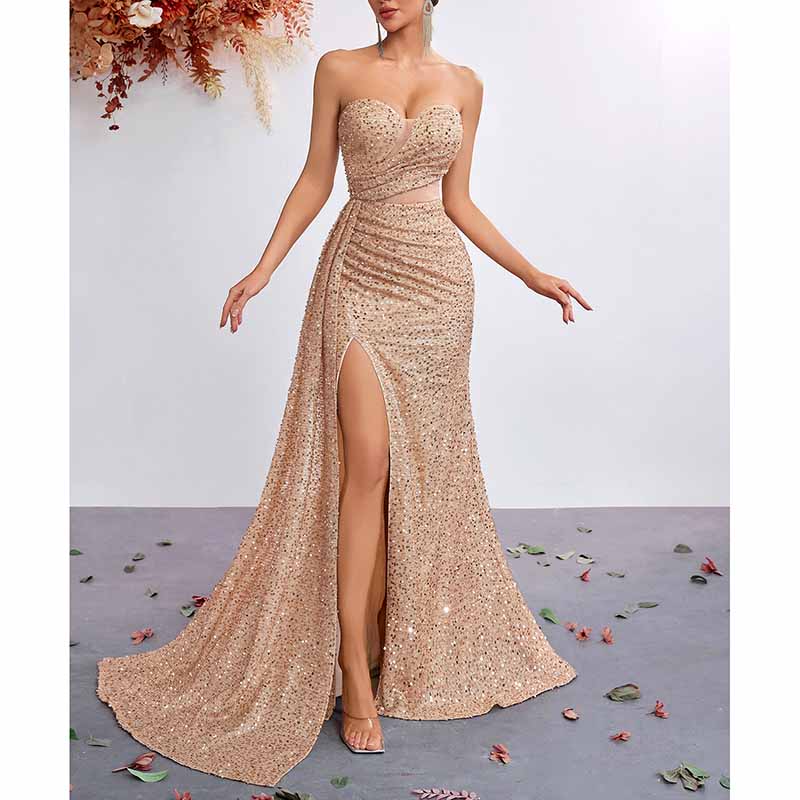 Corset Sequin Prom Dress | Split Long Evening Gown