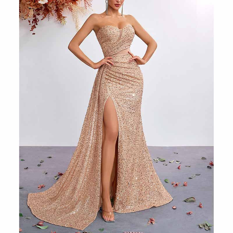 Corset Sequin Prom Dress | Split Long Evening Gown