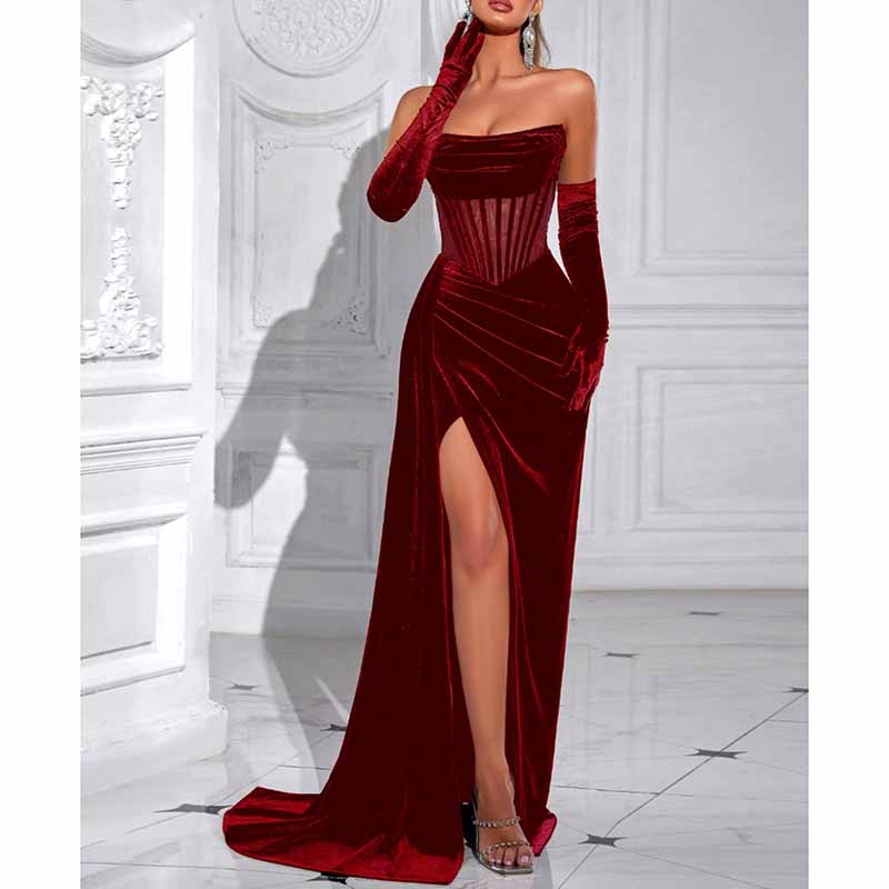 Corset High Split Velvet Dress | Long Evening Gown