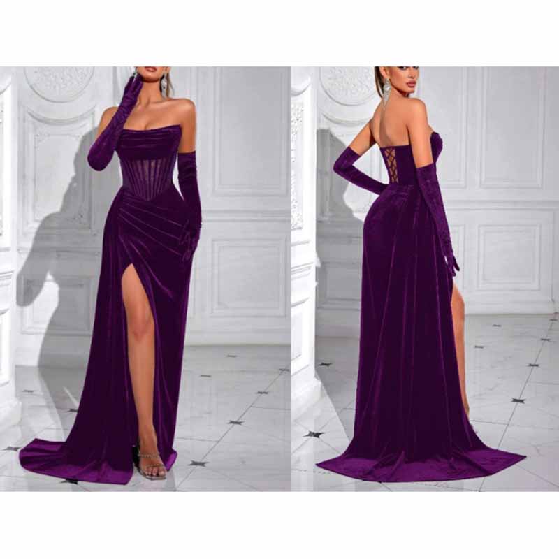 Corset High Split Velvet Dress | Long Evening Gown