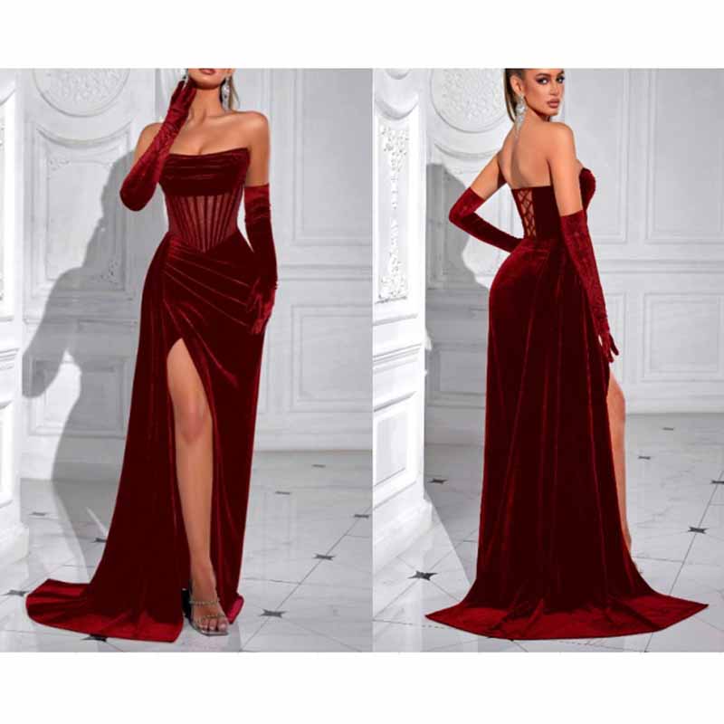 Corset High Split Velvet Dress | Long Evening Gown