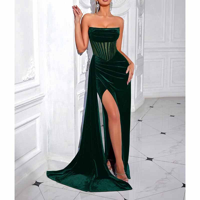 Corset High Split Velvet Dress | Long Evening Gown