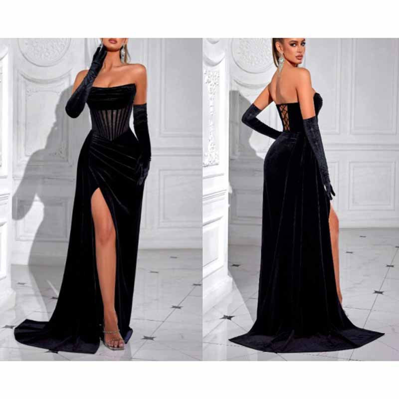 Corset High Split Velvet Dress | Long Evening Gown