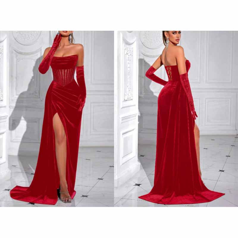 Corset High Split Velvet Dress | Long Evening Gown
