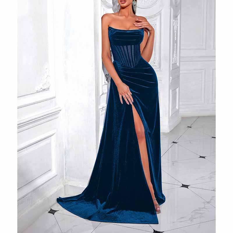 Corset High Split Velvet Dress | Long Evening Gown