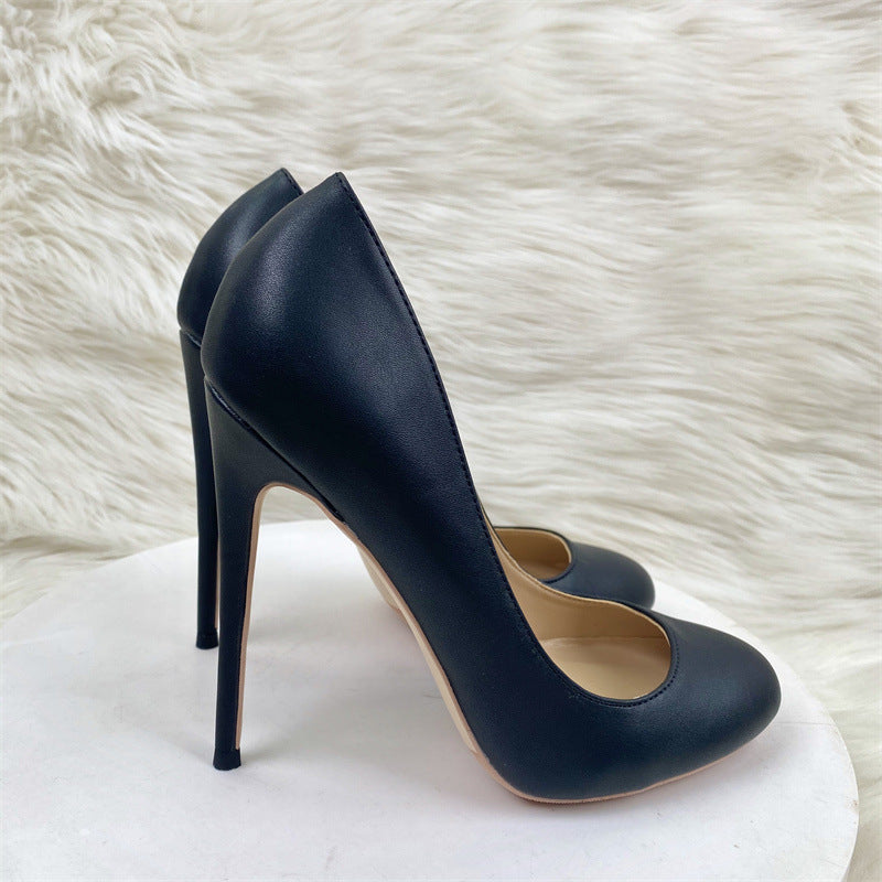 Black Matte Round Toe High Heels – Shallow Court Shoes for Women