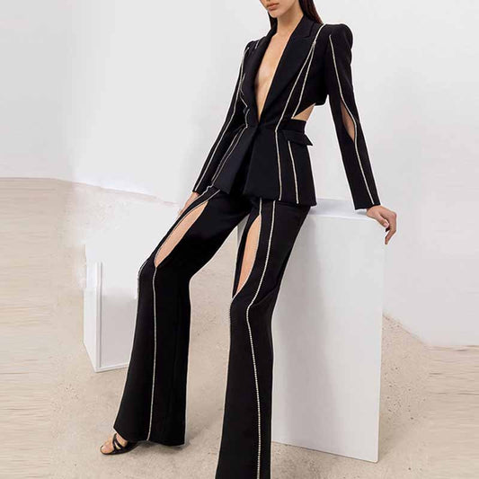 Bell Bottom Pants Suit Set With Black Blazer Hollow Out Fashion Sets