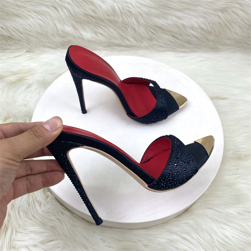 Fashion Rhinestone Stiletto Slippers – 12cm Black Pointed Toe Party Heels