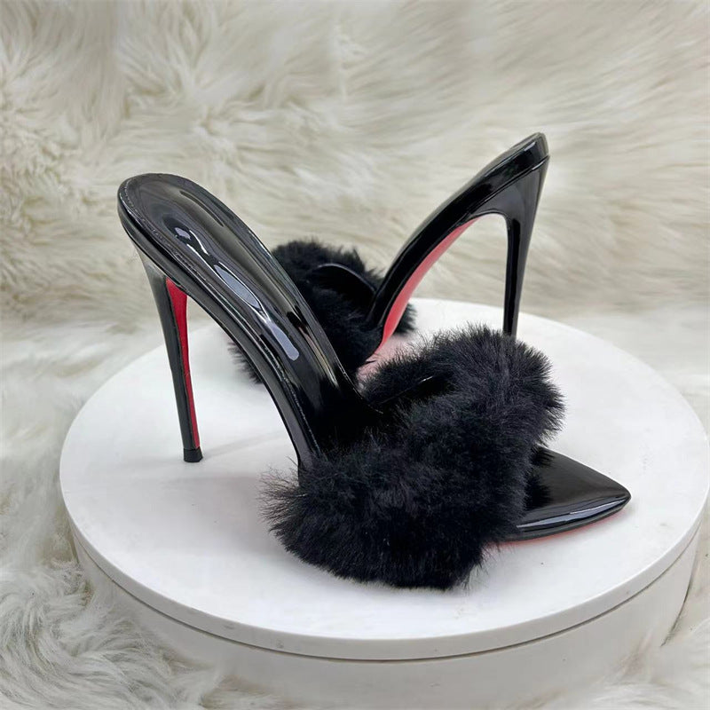 Black Faux Fur Slippers Pointed Toe Stiletto Open-Toe High Heel Sandals