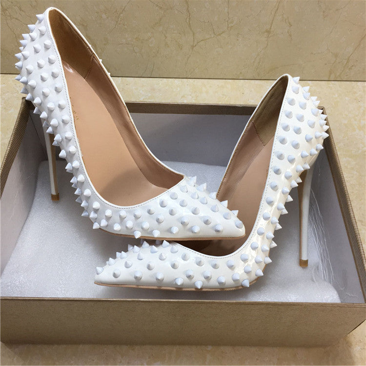 White Rivet High Heel Pumps – Pointed Toe Stiletto Shallow Court Shoes for Women