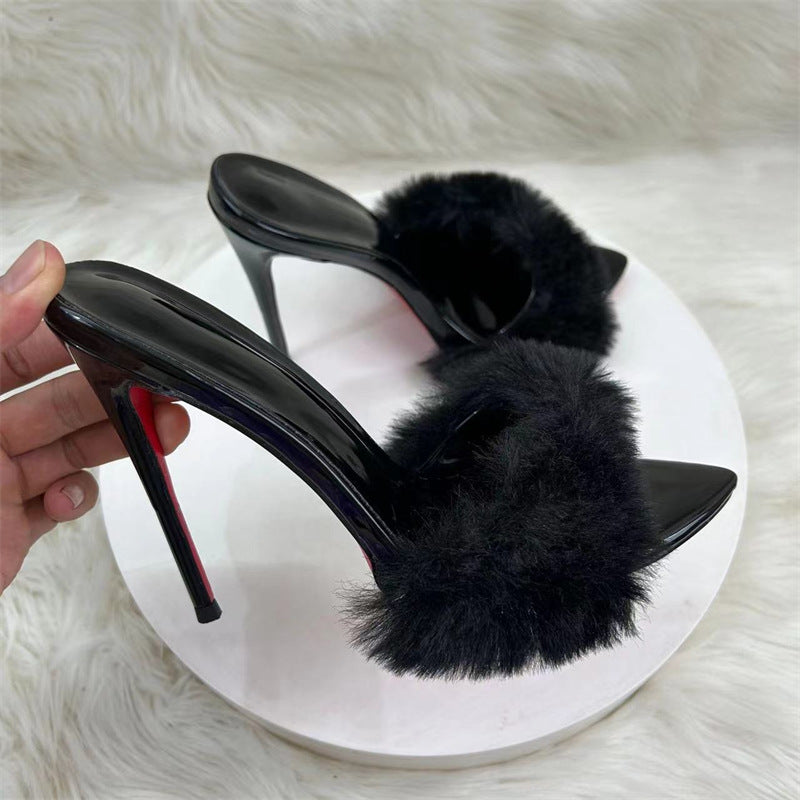 Black Faux Fur Slippers Pointed Toe Stiletto Open-Toe High Heel Sandals